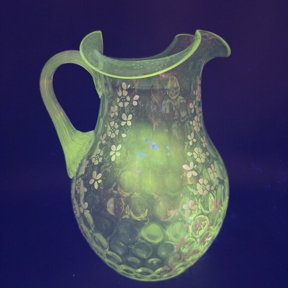 Antique Enameled Glass Pitcher Jug Hand Blown Optic Dot Manganese 365nm Green UV - Picture 6 of 16